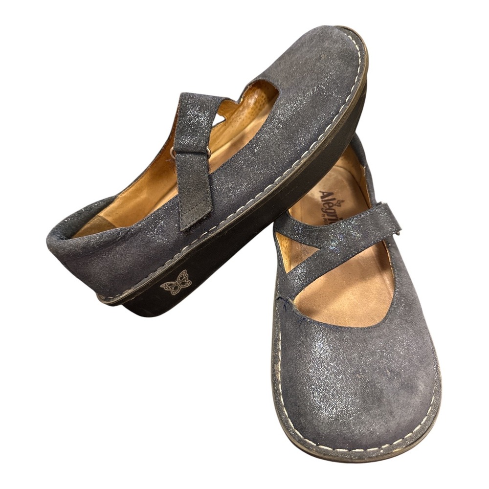 Alegria‎ Mary Jane Shoes Women 40 Metallic Grey Leather Rocker Sole DAY-250